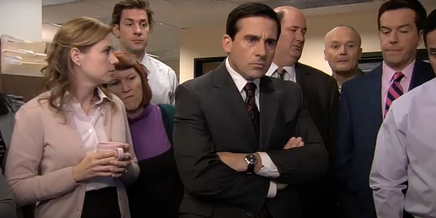 The Dunder Mifflin staff watch the police chase in The Office