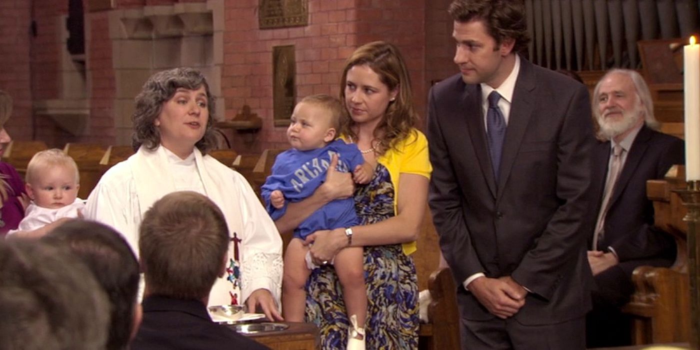 Jim and Pam christen their child in a church in The Office