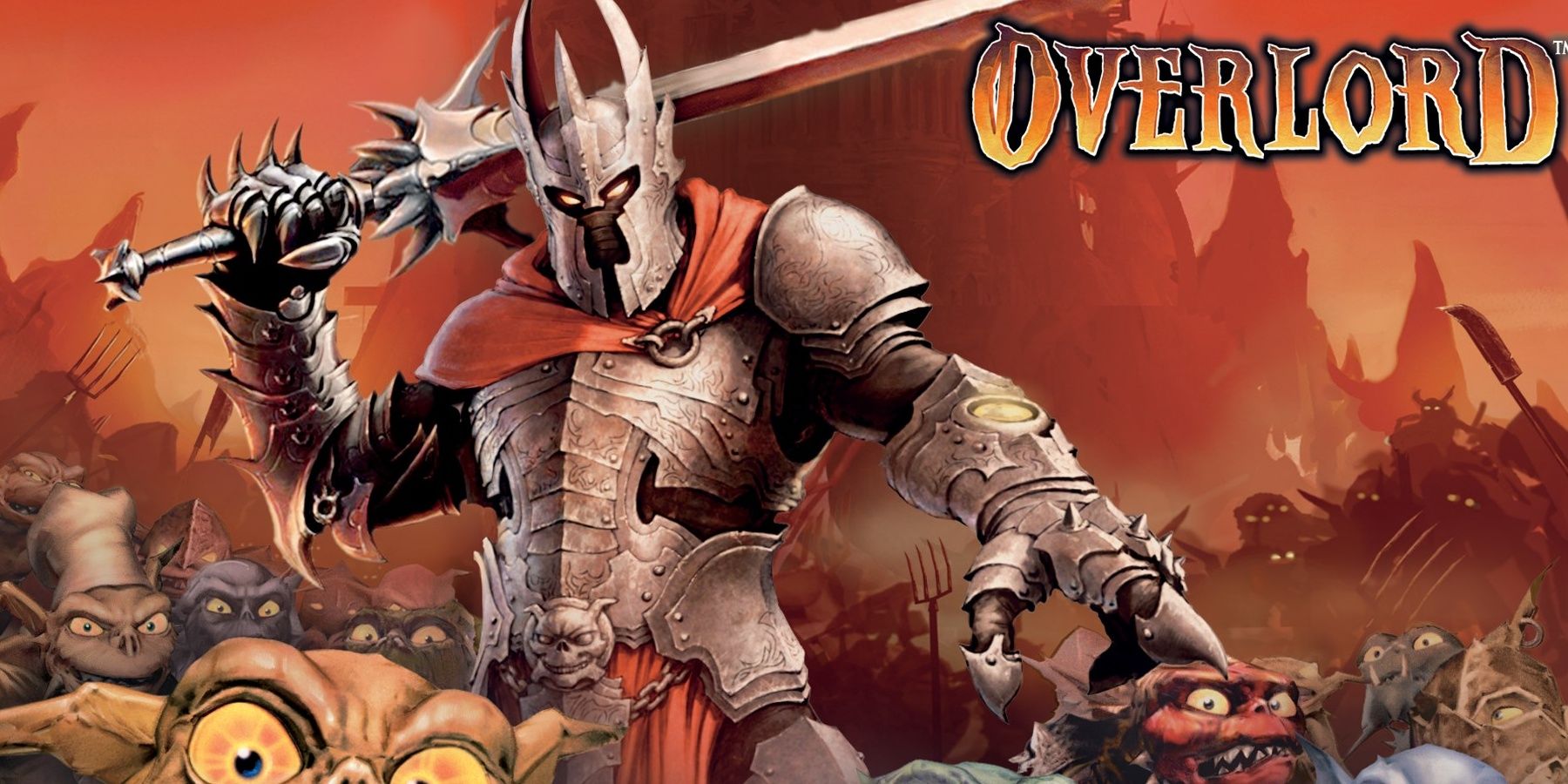 The Overlord posing with his sword while his army of Minions surround him, cover art for Overlord