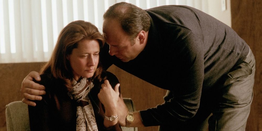 Tony embracing Dr. Melfi in her office in The Sopranos