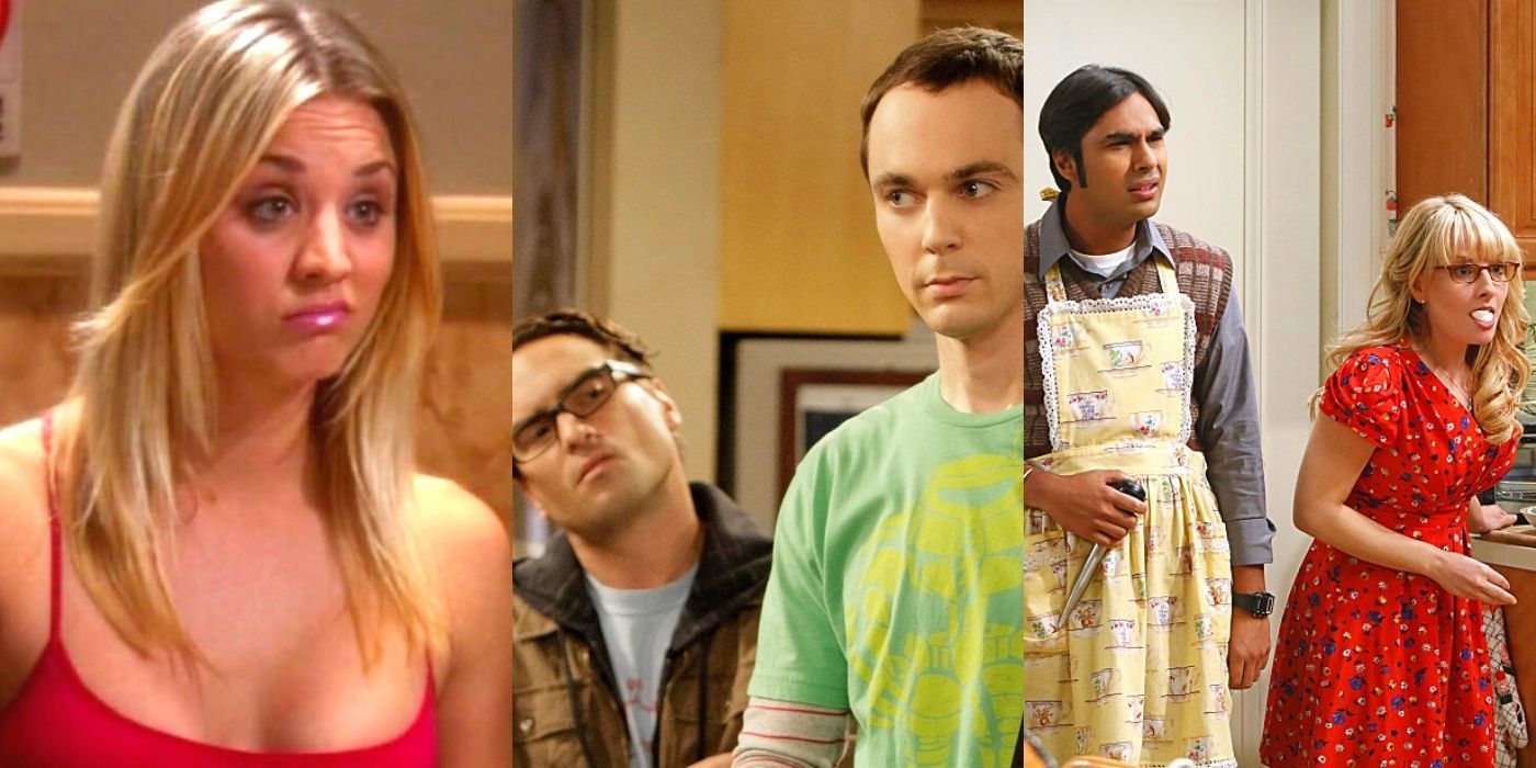 Split image of Penny in a red dress, Sheldon and Leonard looking confused, Raj in an apron with Bernadette