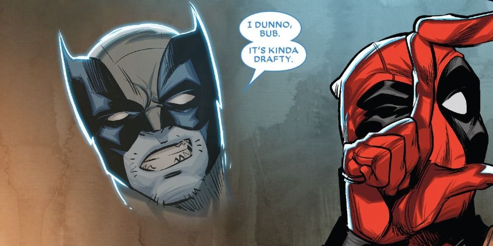 The floating head of Wolverine talking to Deadpool in Marvel comics