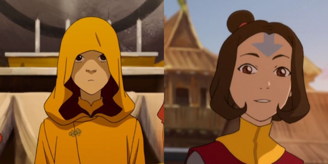 Uma imagem dividida apresenta Jinora dentro e fora de um capuz em Avatar Legend Of Korra