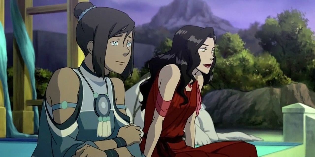 Korra e Asami sentados juntos em Avatar A Lenda de Korra