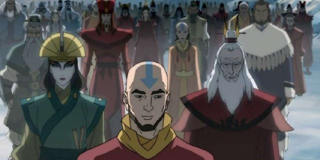 Os Avatares anteriores antes de Korra com Aang e Kyoshi na frente em Avatar Legend Of Korra