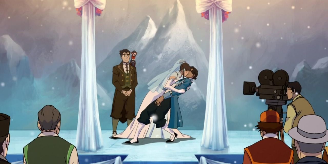 Zhu Li e Varrick se beijando em seu casamento em Avatar Legend Of Korra