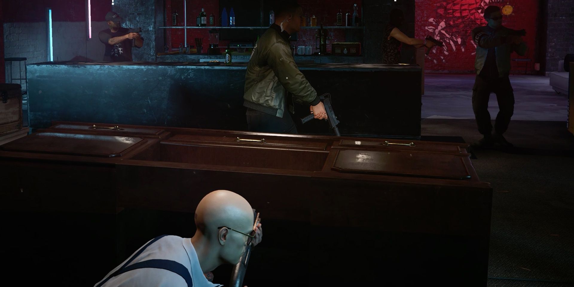 There Was A Fire Fight - Agent 47 Hiding Behind Table