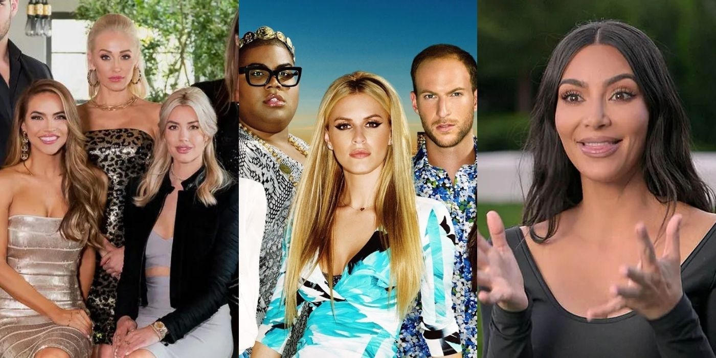 Three split images of reality shows like Bling Empire