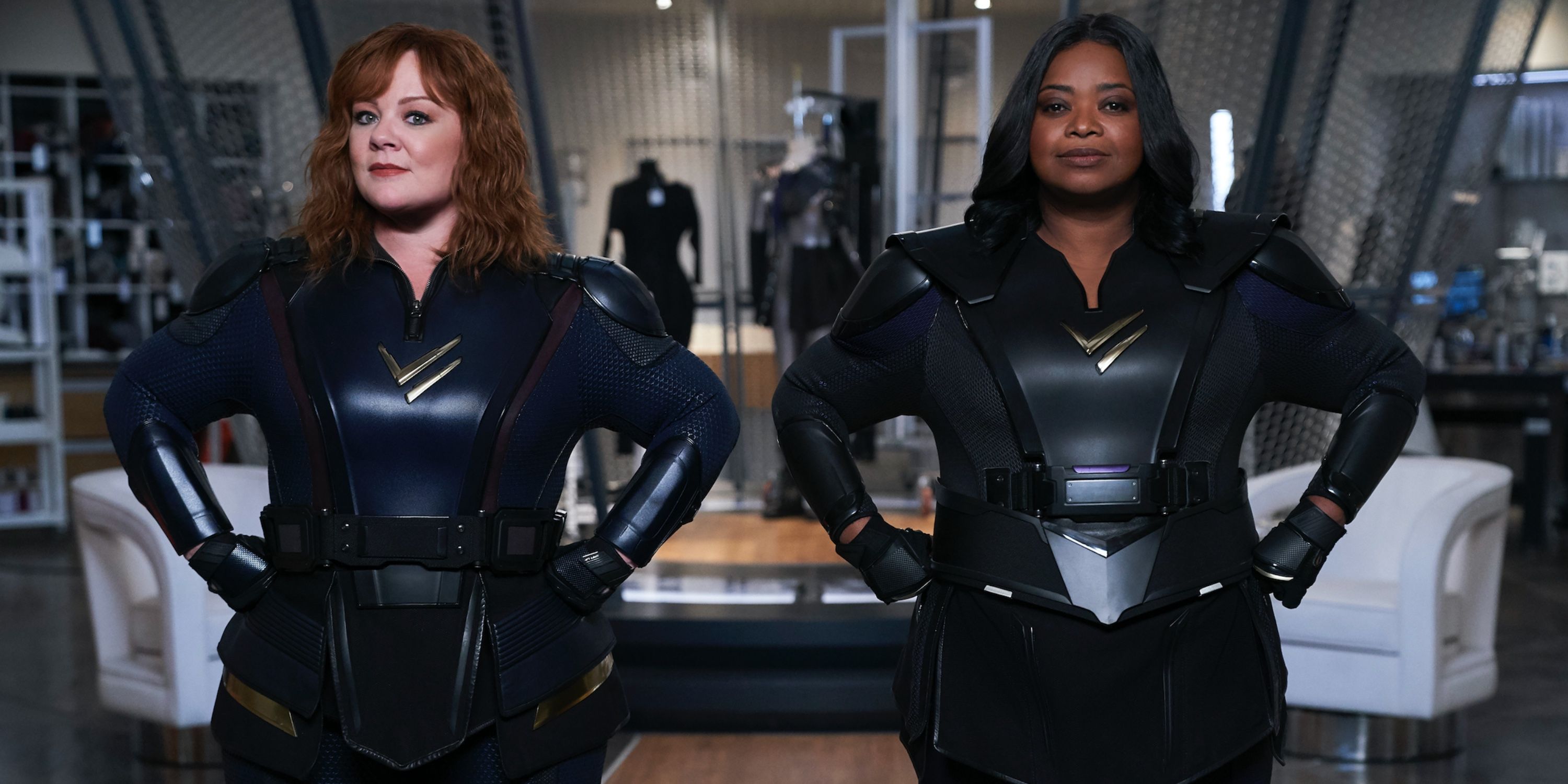 Melissa McCarthy as Lydia Berman and Octavia Spencer as Emily Stanton in Thunder Force on Netflix
