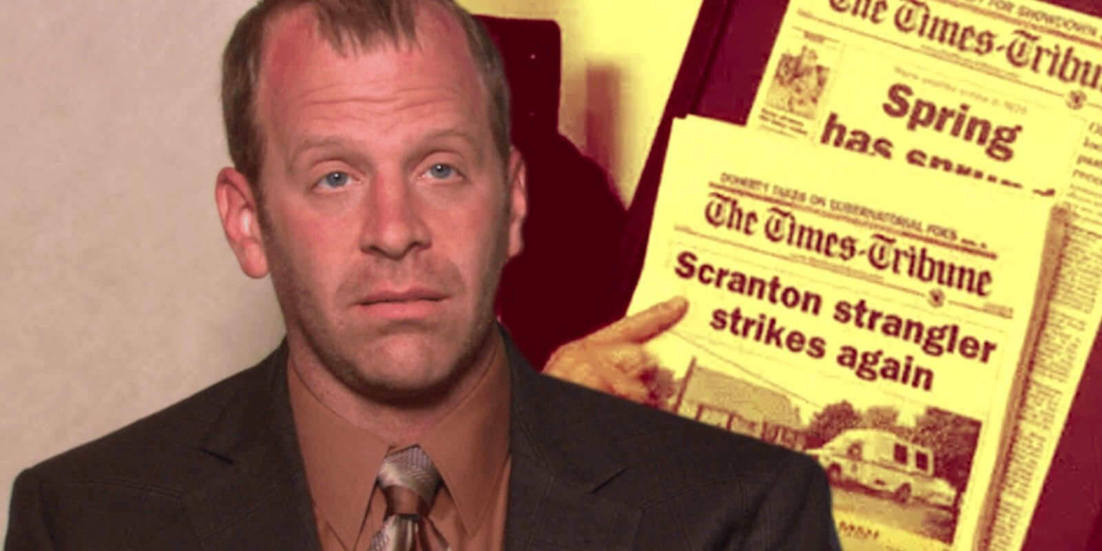 Toby in front of Scranton Strangler newspapers on The Office