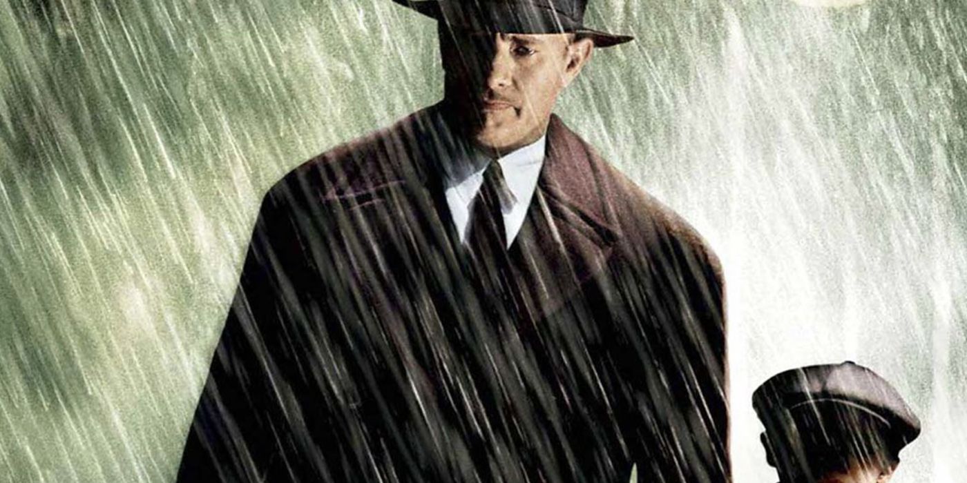 Tom Hanks in the rain in Road to Perdition