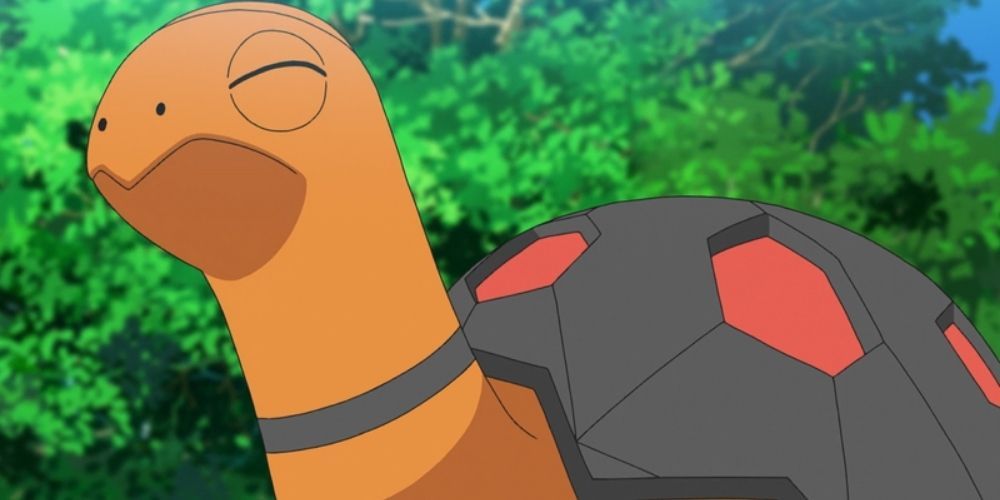 A wild Torkoal blinks in the Pokémon anime