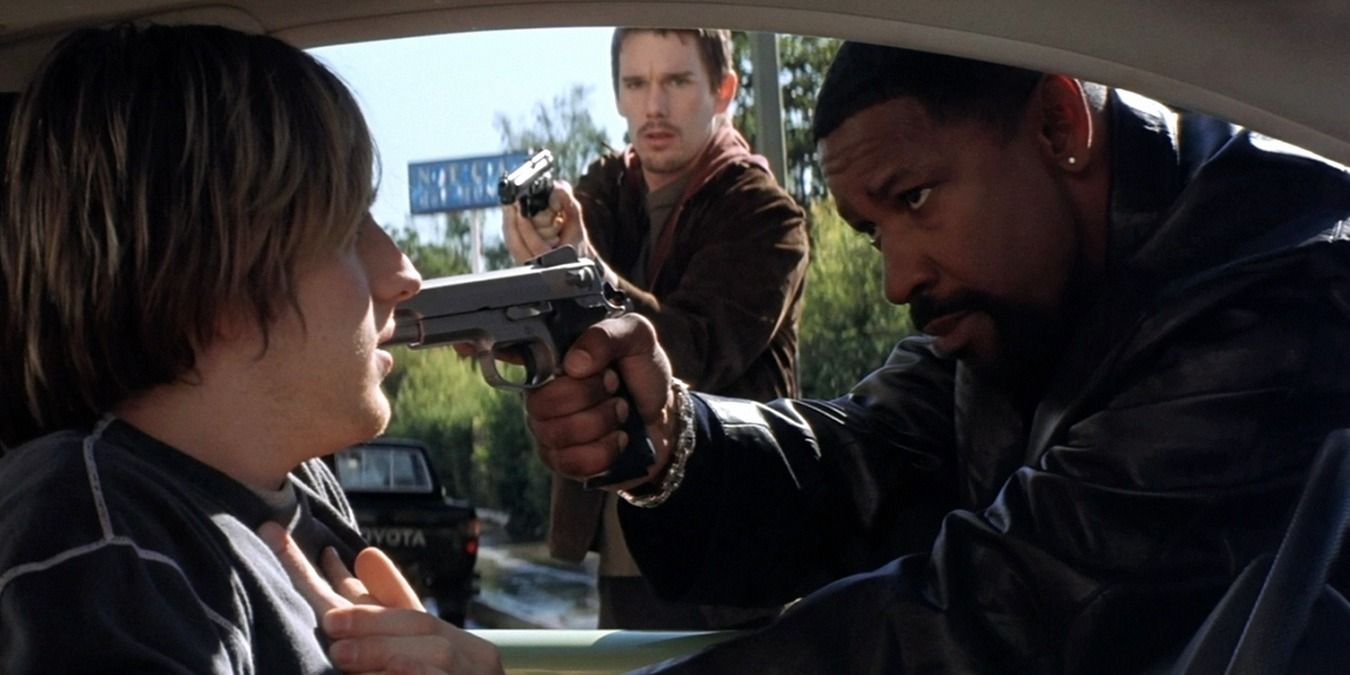 Training Day 2001 - Alonzo and Jake interrogating a man in his car, holding their guns out