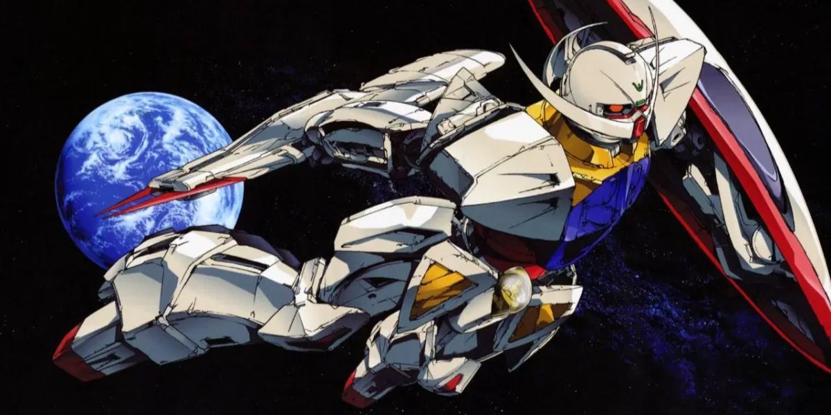 A Gundam flying in space in Turn A Gundam