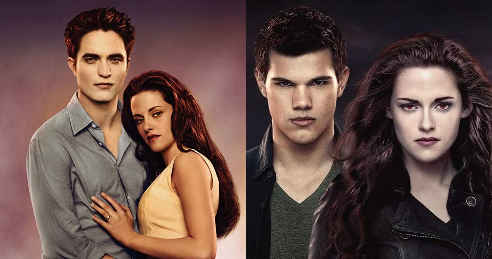 split image of Edward and Bella and Jacob and Bella, all looking into camera