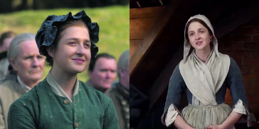Two images of Lizzie in Outlander. One shows her sitting down while the other sees her standing in a house in Outlander