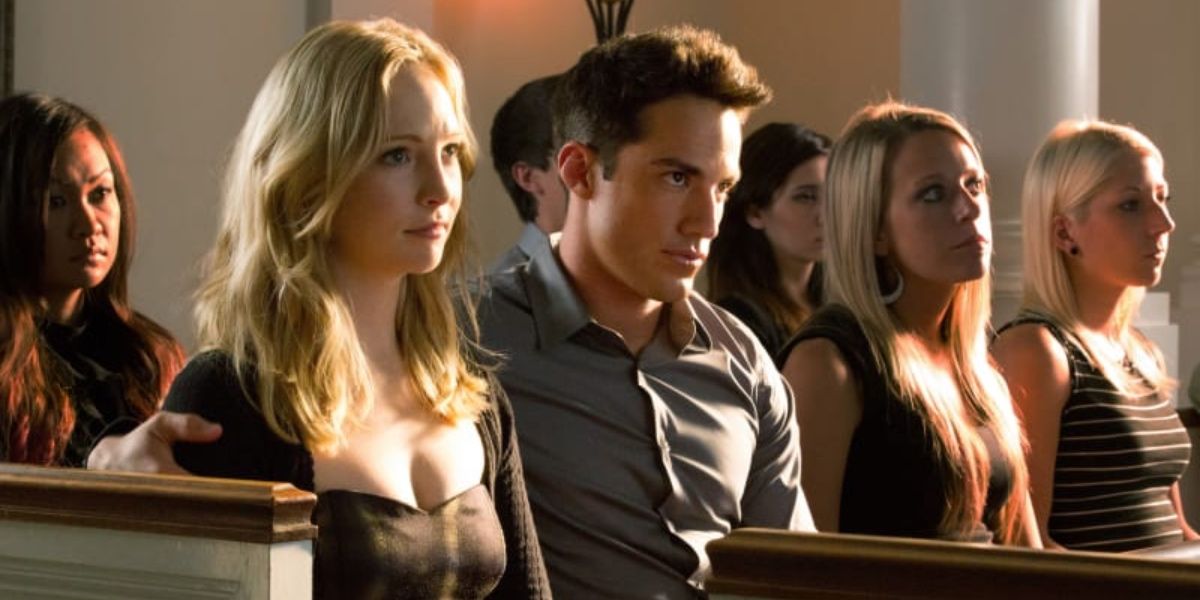 Caroline and Tyler sit in church in in The Vampire Diaries