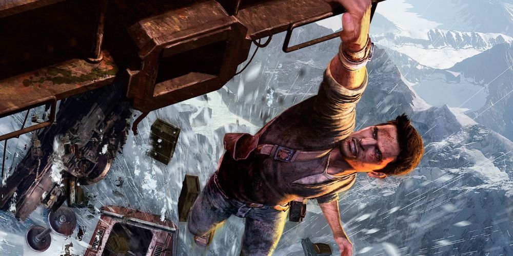 Nate hanging from a plane in Uncharted 2 Among Thieves promo art with Drake hanging and debris falling