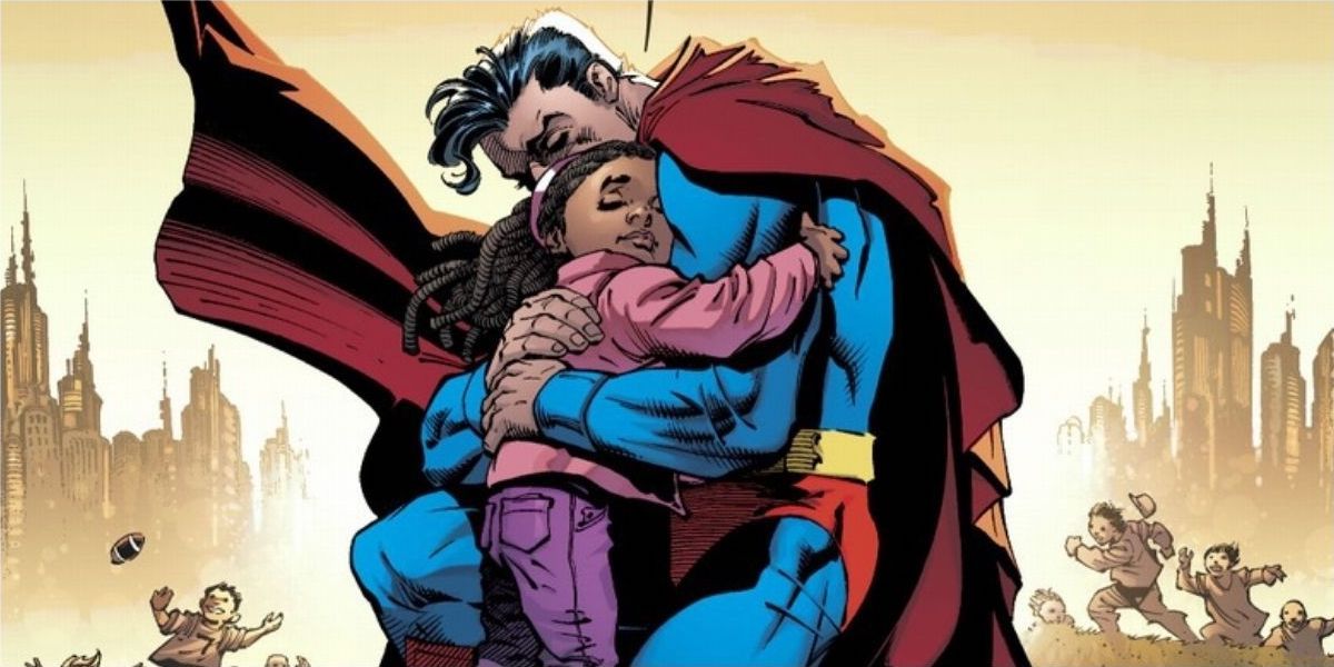 Superman hugs a little girl after saving her