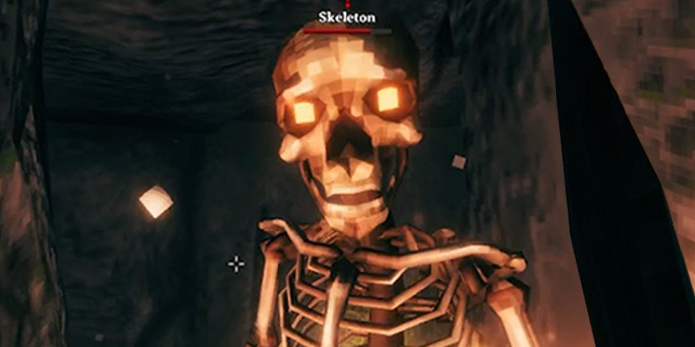 A Viking fights a skeleton in first person mode in Valheim