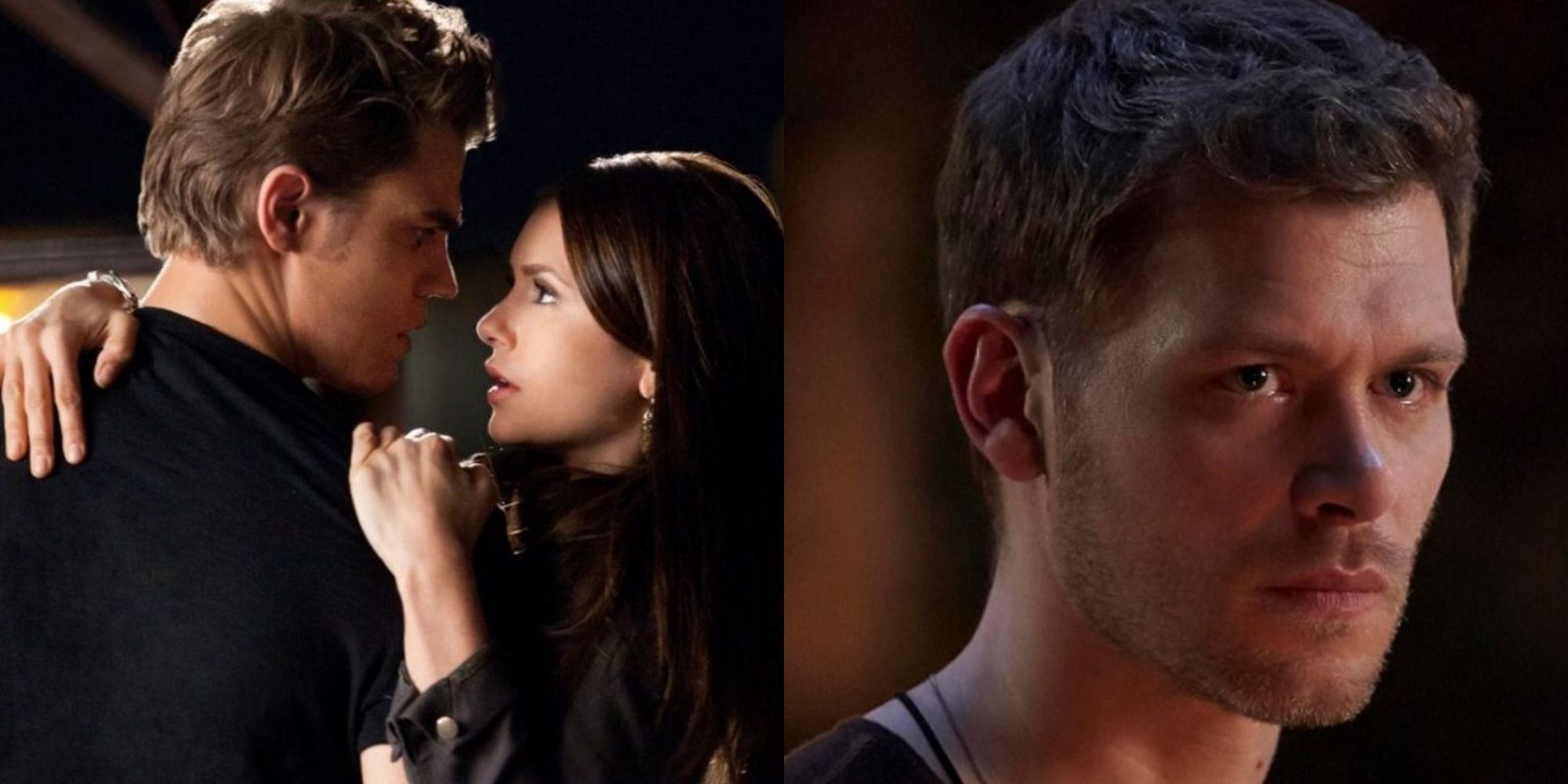 Split image of Stefan about to kiss Elena, and Klaus looking on