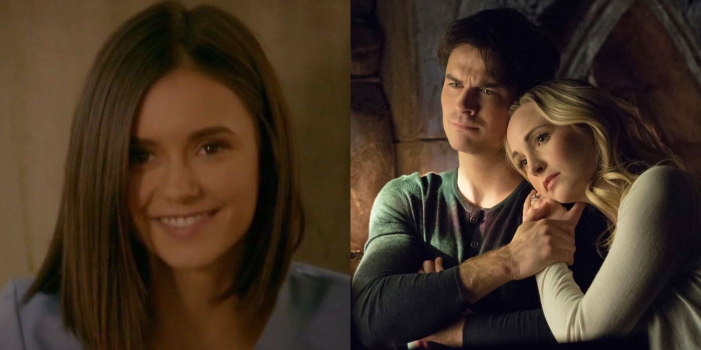 Split Image Vampire Diaries Elena sits in the cemetary with. her srcubs on, writing about her life, Vampire Diaries Damon and Caroline mourn Stefan in the Salavtore crypt