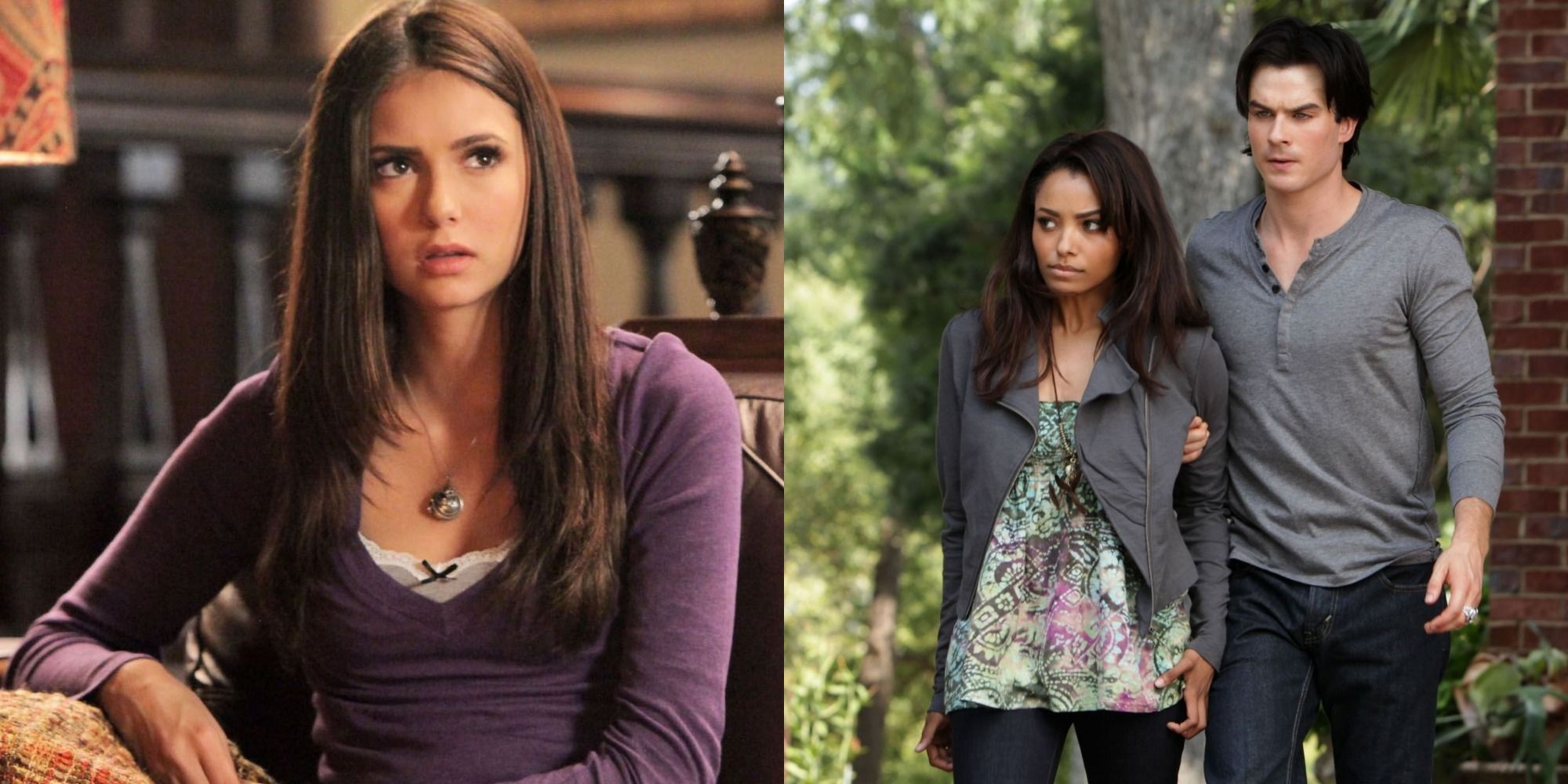 Split image of Elena sitting down/Bonnie and Damon walking in the woods