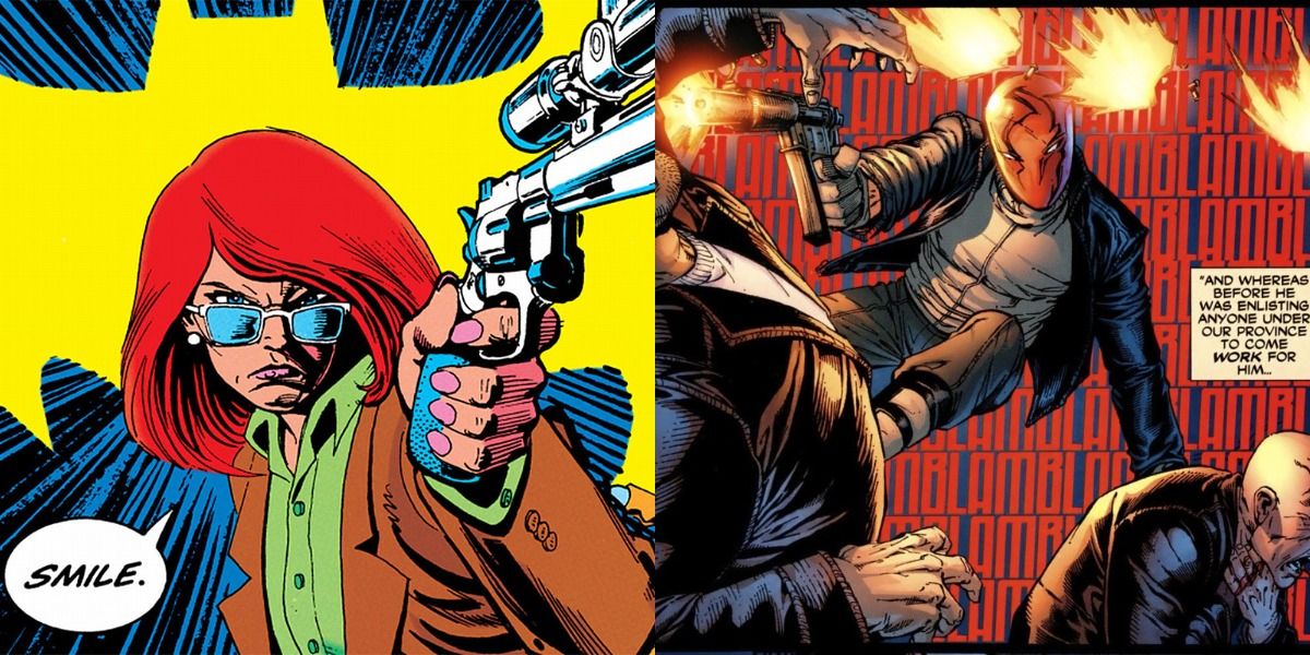 Oracle pointing a gun and The Red Hood shooting criminals.