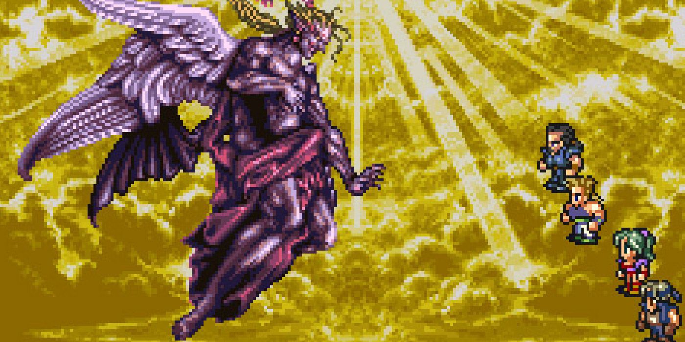 The heroes of Final Fantasy VI take on a Godlike Kefka in the final battle