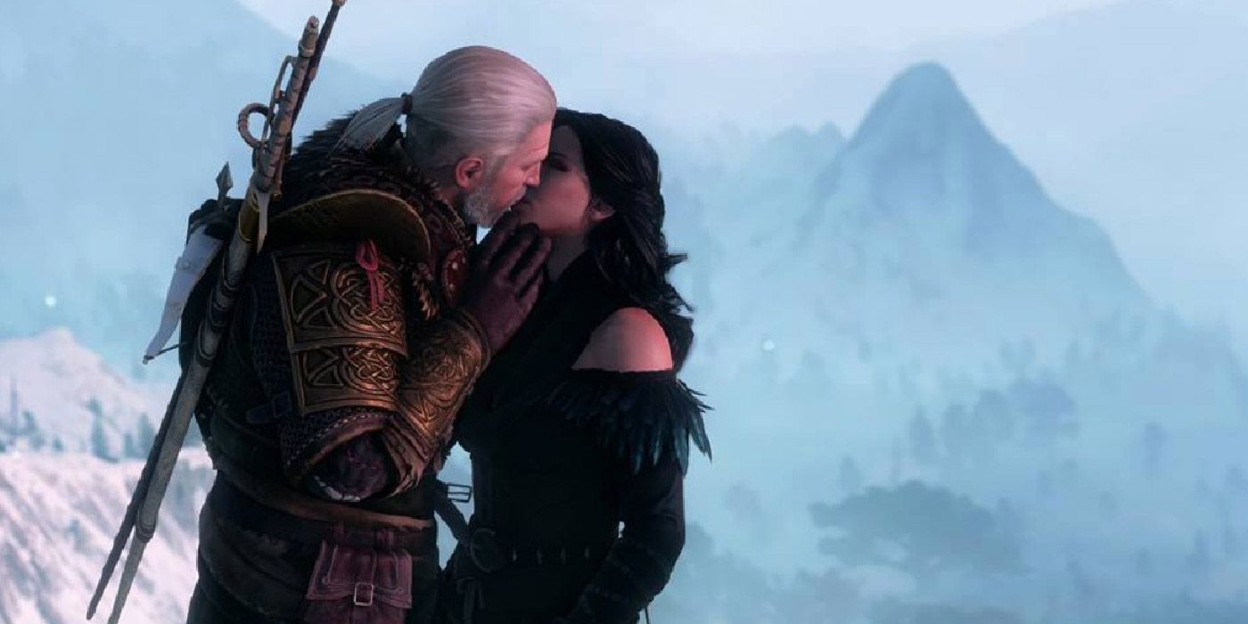 Geralt kisses Yennefer in The Witcher 3: Wild Hunt against a snowy background.
