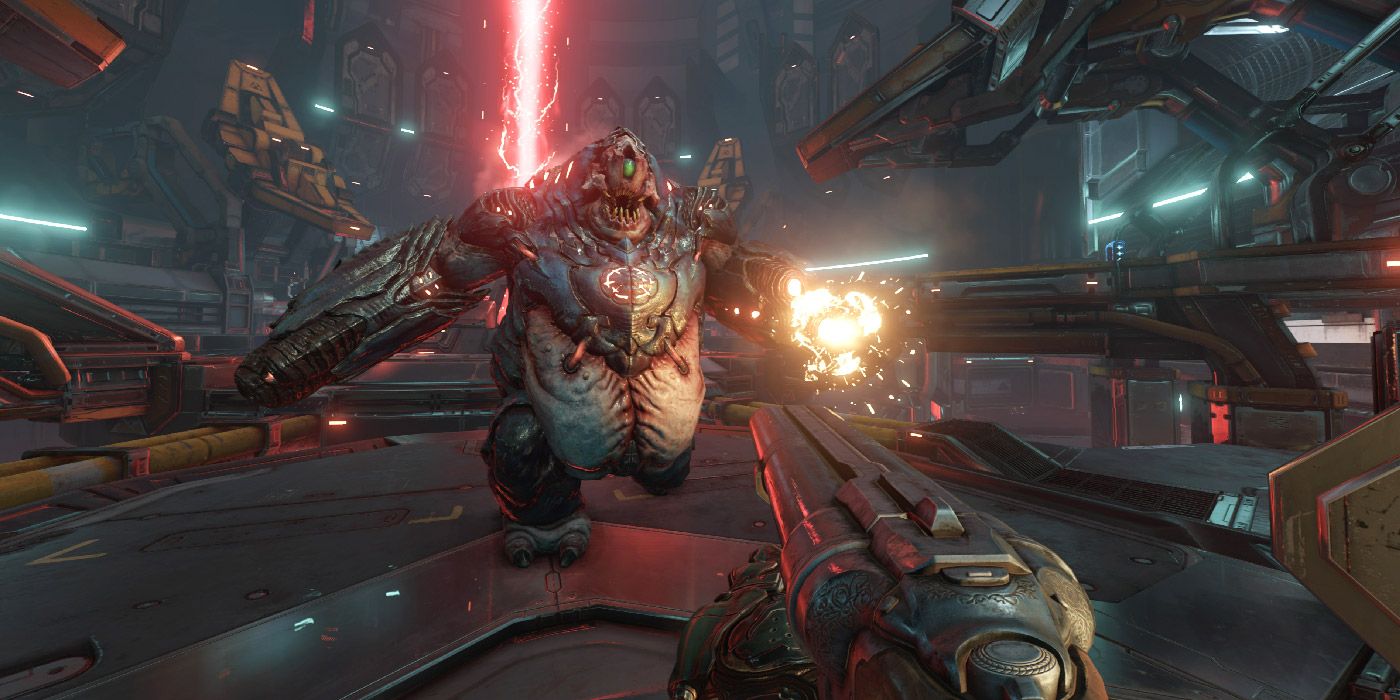 The Slayer battles a Mancubus in DOOM