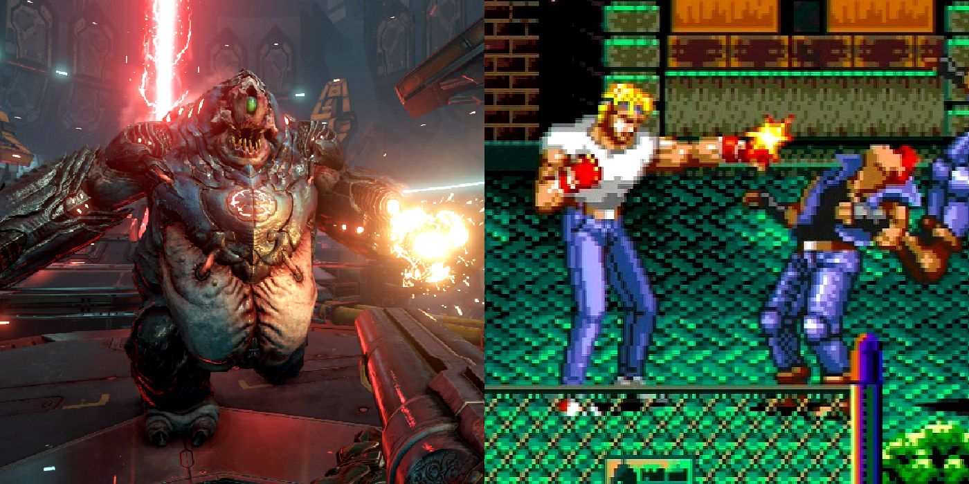 Split image showing DOOM 2016 and Streets of Rage 2