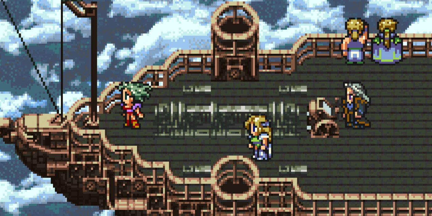 Terra stands at the front of Setzer's airship in Final Fantasy VI