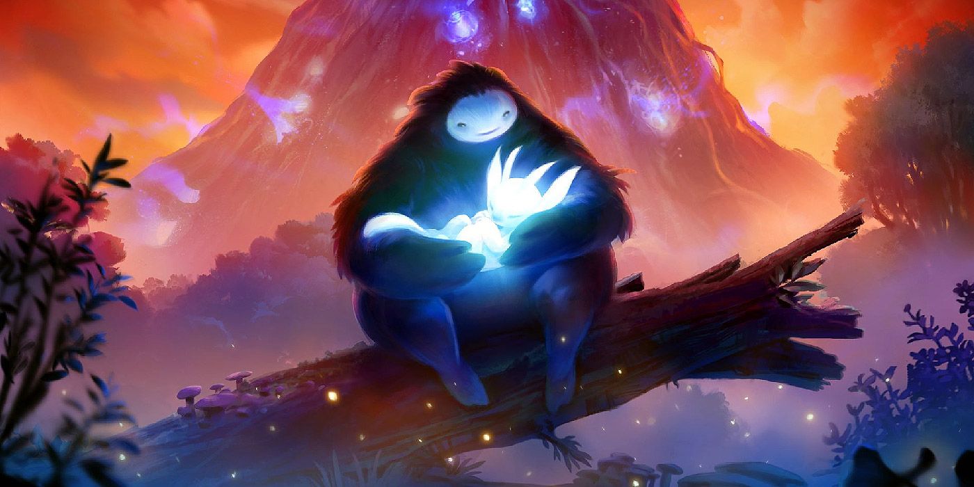 Naru cradles a glowing Ori on a fallen tree in The Blind Forest.