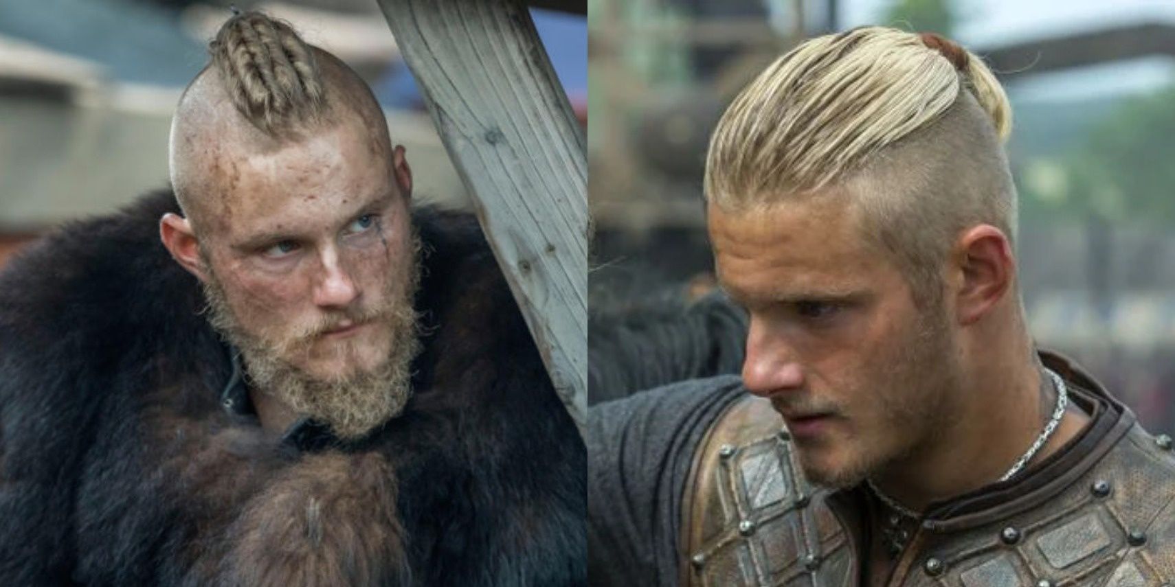 Bjorn Lothbrok (Alexander Ludwig) looking intensely with a tied back hairdo in &quot;Vikings.&quot;