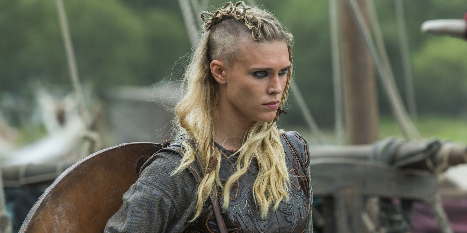 Porunn (Gaia Weiss) with a buzz cut braid hairstyle in &quot;Vikings.&quot;