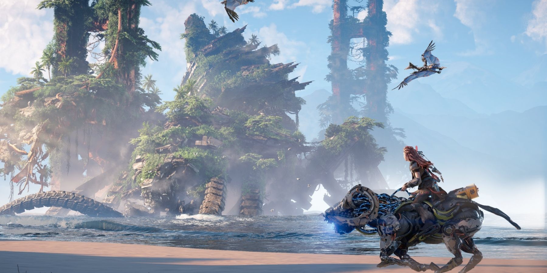 Aloy riding a mount as she looks up at the sky in Horizon Forbidden West.