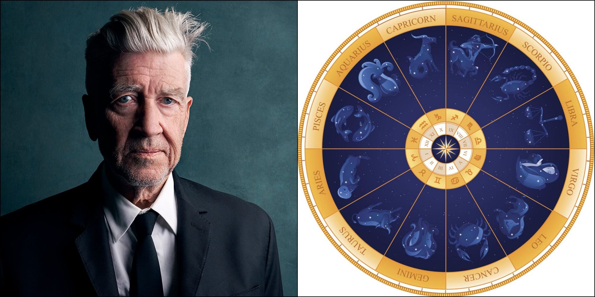 Split image of David Lynch and the wheel of the zodiac.