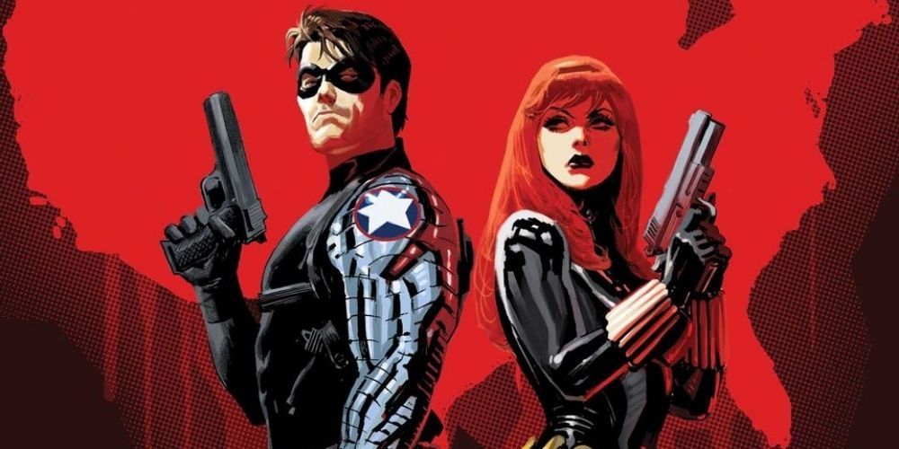 Winter Soldier and Black Widow posing with their guns in the comics