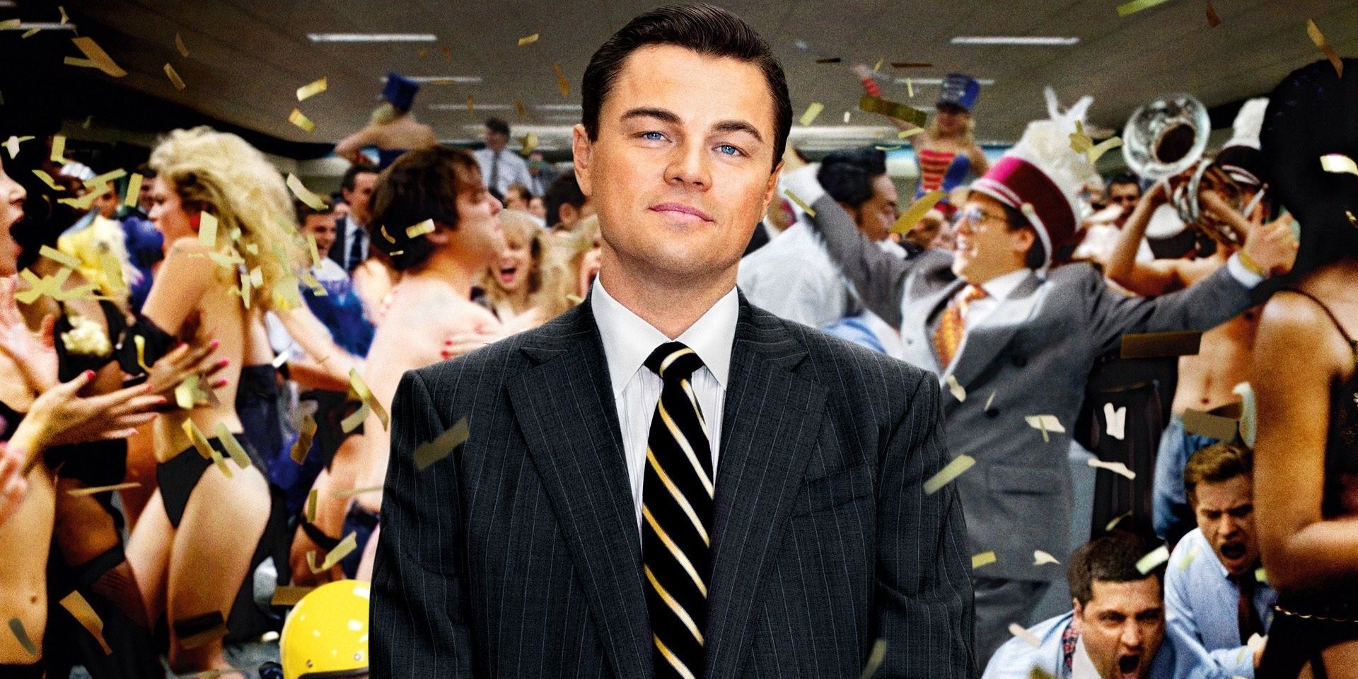 Leonardo DiCaprio as Jordan Belfort in front of partying crowd in The Wolf of Wall Street.