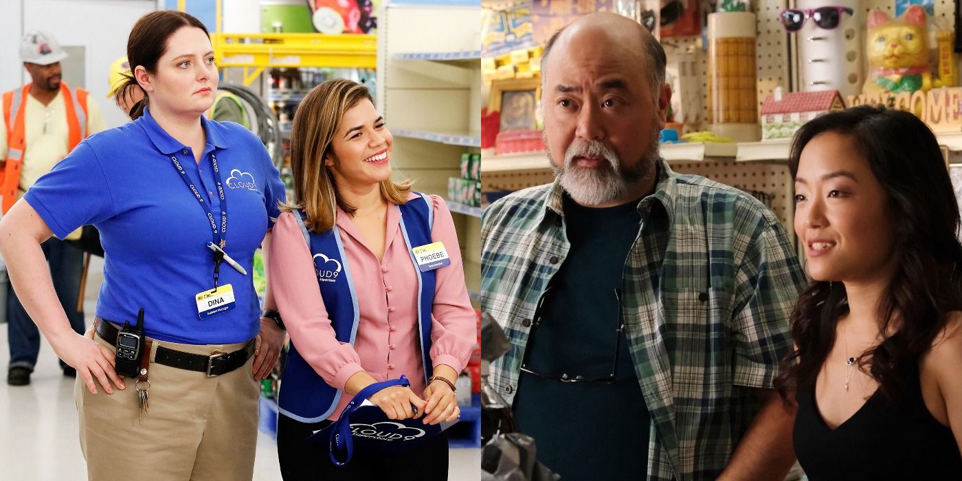 Dina and Amy at work in Superstore/Kim's Convenience characters at store
