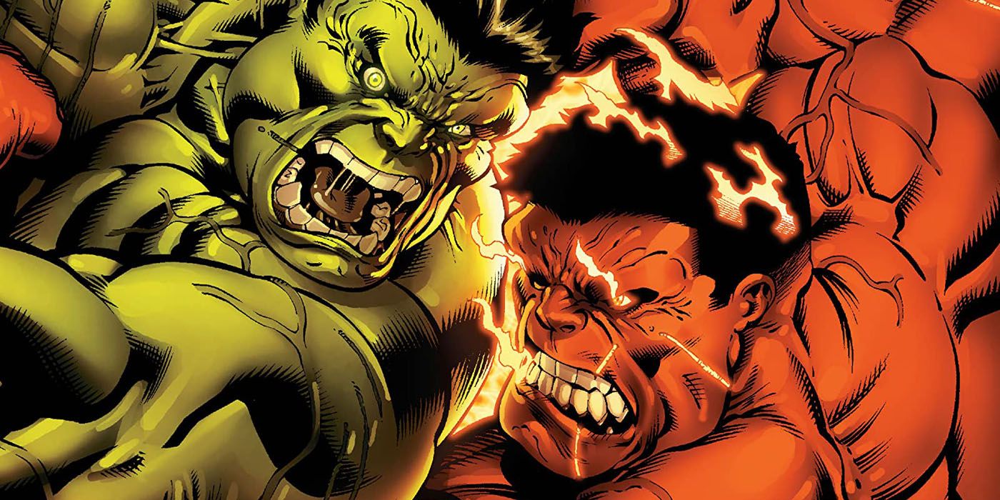 The Hulk battles Red Hulk.