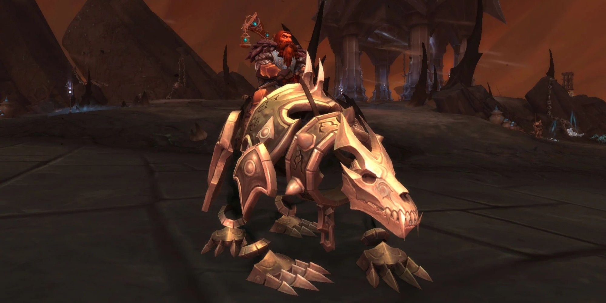 A character rides a mount in The Maw in World of Warcraft: Shadowlands