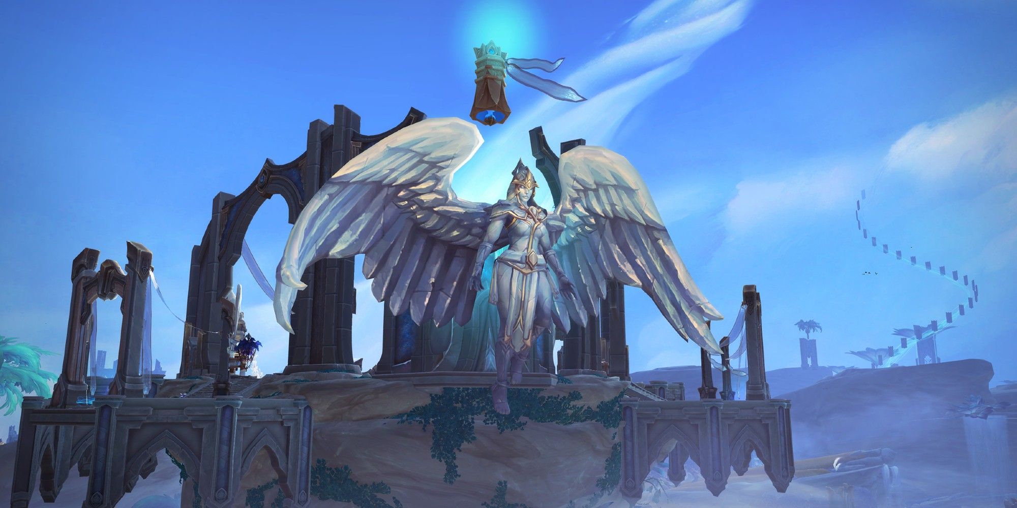 A Kyrian Covenant member flies in World of Warcraft: Shadowlands
