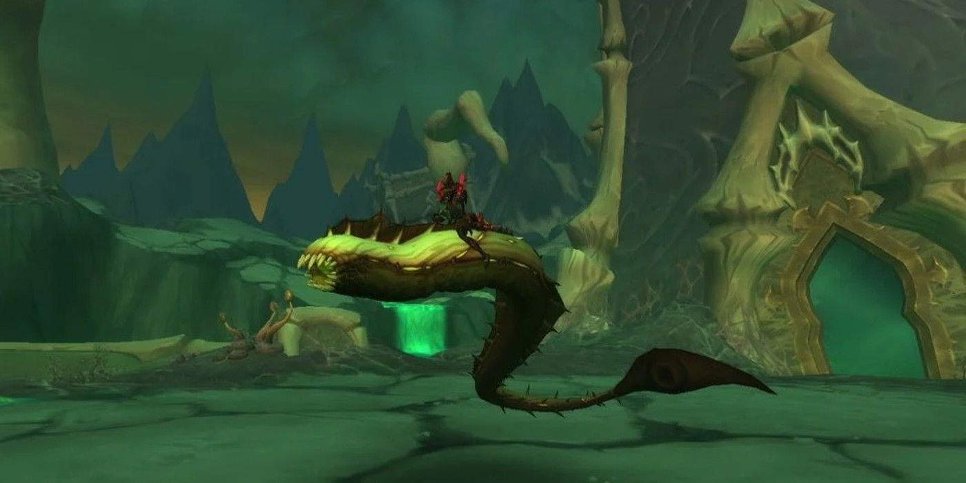 A player rides the Slime Serpent Mount in World of Warcraft: Shadowlands