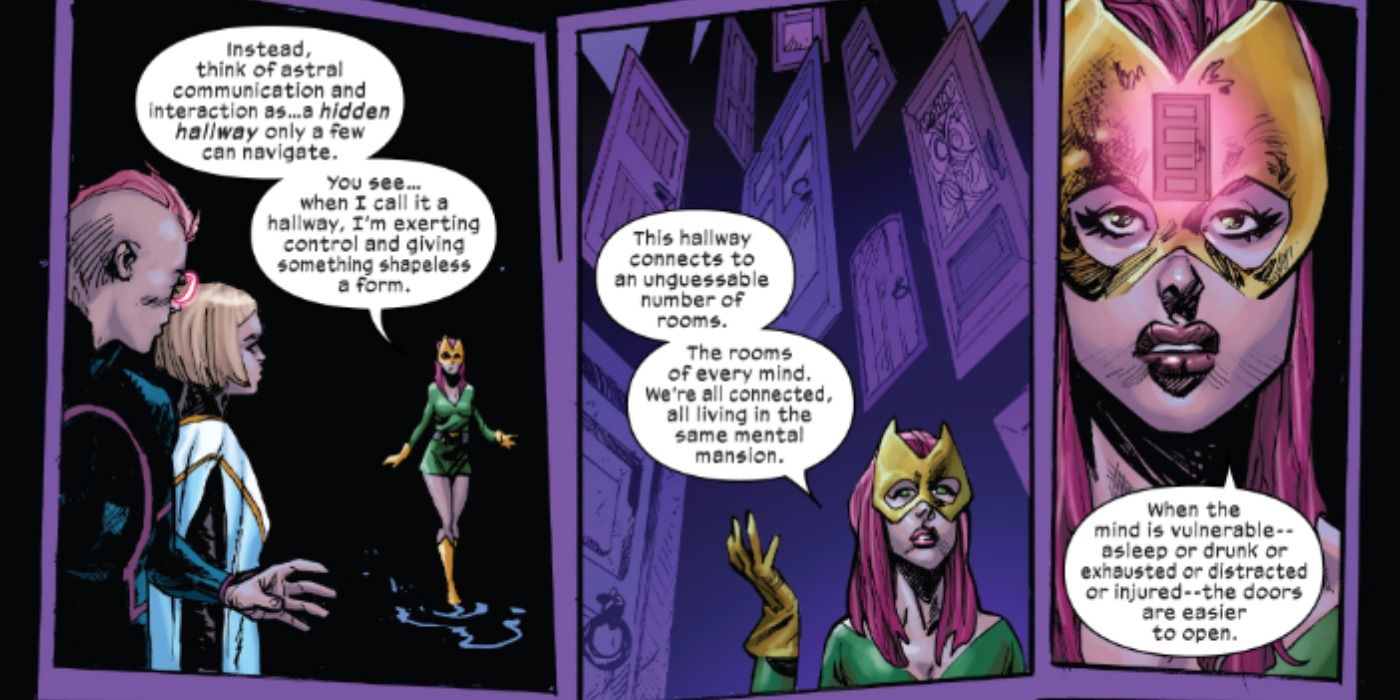 Cena da X-Force #19 com Jean Grey, Kid Omega e Phoebe Cuckoo usando Comunicação Astral