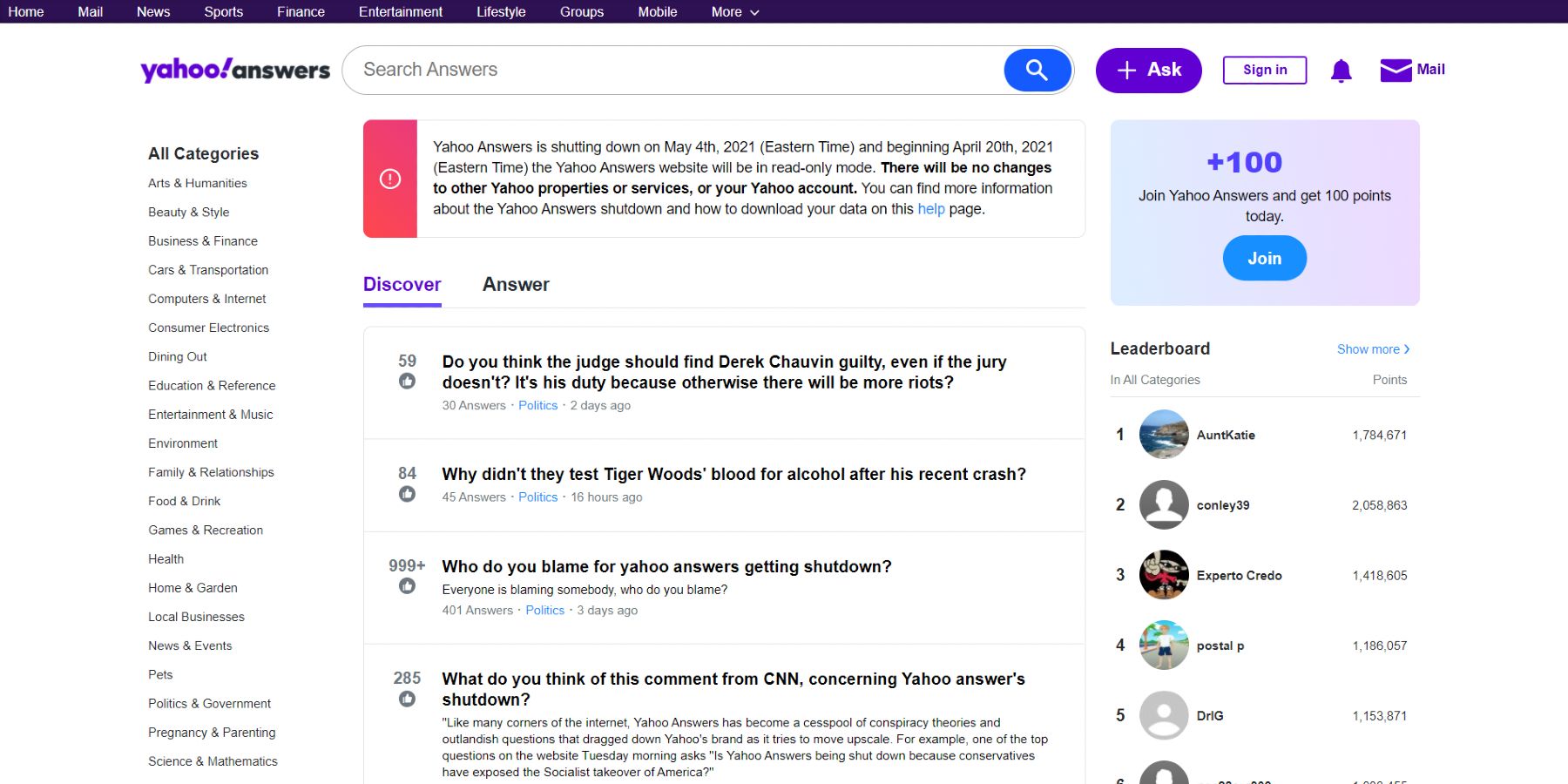 Yahoo Answers homepage screenshot