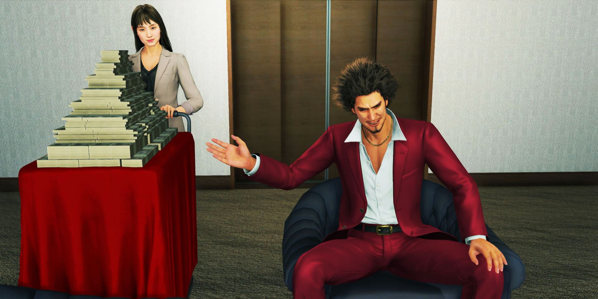 Swashira sits next to a cash pyramid in Yakuza.