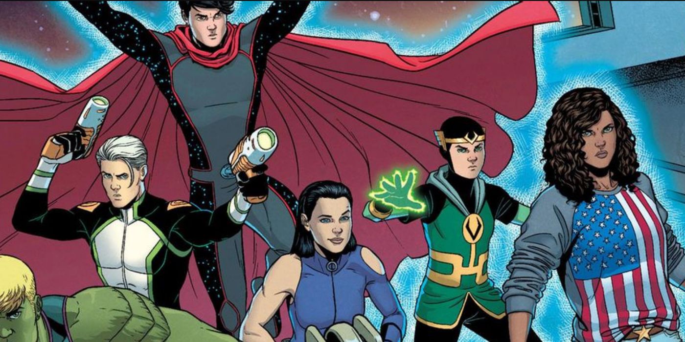 Young Avengers lineup in Marvel comics includes Speed, Wiccan, Hawkeye, Kid Loki, and Miss America.