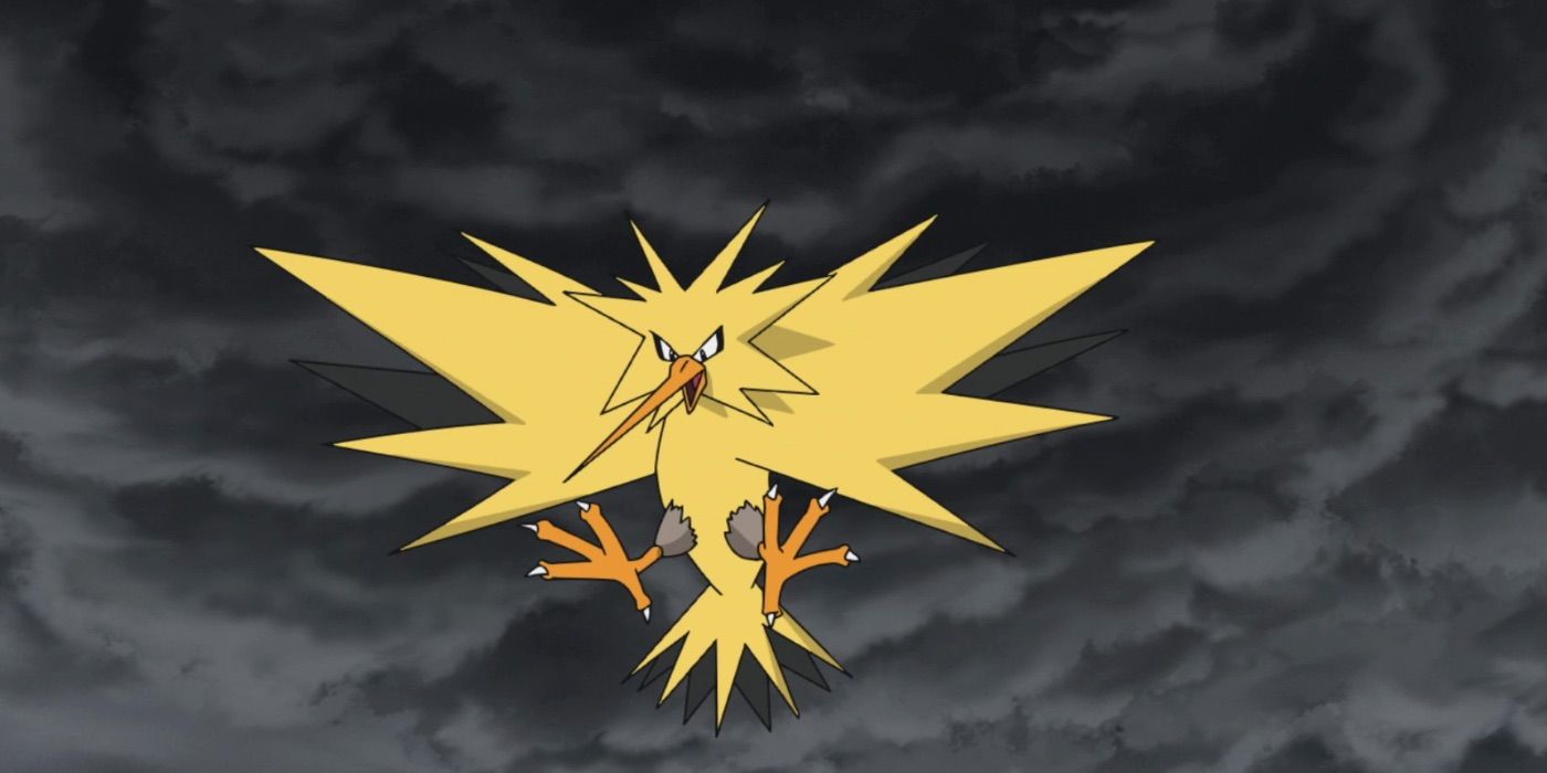 Zapdos flies in front of dark clouds in the Pokemon anime